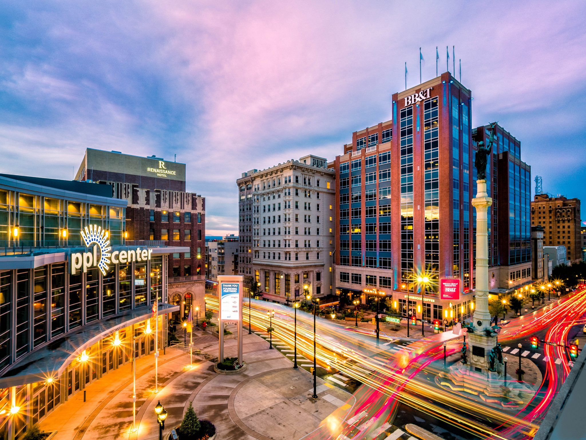 Renaissance Allentown Hotel at dusk overlooking PPL Center